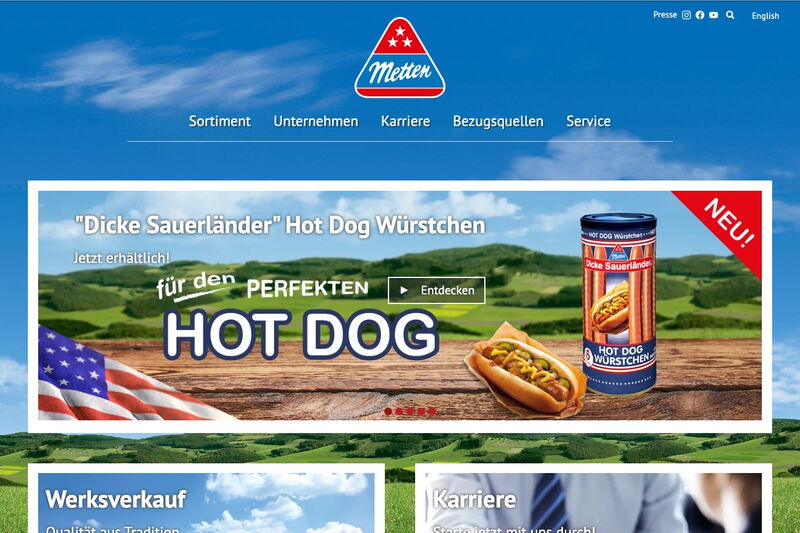 Startseite von metten.net mit Sortiment und Werksverkauf